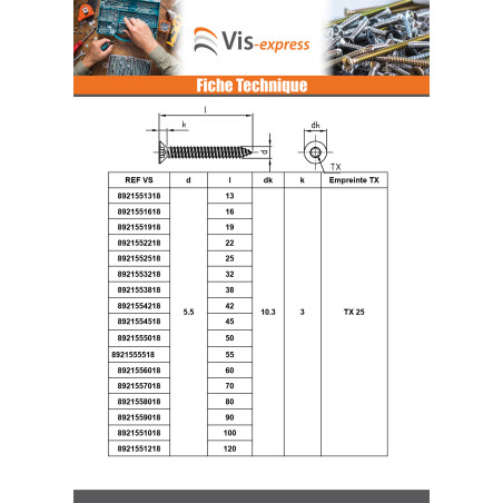 1 x Vis tôle Tête fraisée 2.9X16 TORX T10 Inox A4