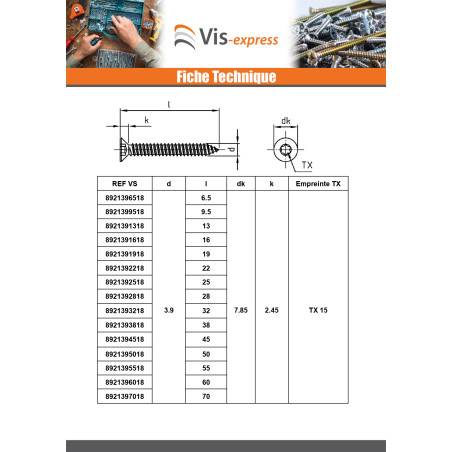 1 x Vis tôle Tête fraisée 2.9X9.5 TORX T10 Inox A4