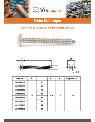 1 x Vis tôle Tête cylindrique bombée TCB 5.5X90...