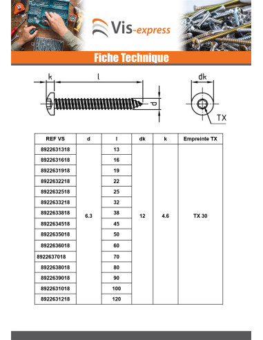 1 x Vis tôle Tête cylindrique bombée TCB 5.5X90...