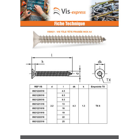 1 x Vis tôle Tête fraisée 2.9X38 TORX T10 Inox A4