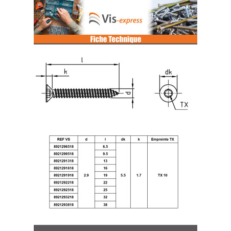 1 x Vis tôle Tête fraisée 2.9X38 TORX T10 Inox A4