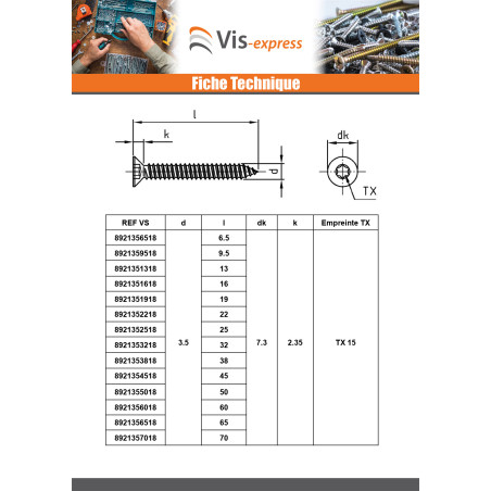 1 x Vis tôle Tête fraisée 2.9X38 TORX T10 Inox A4
