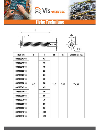 1 x Vis tôle Tête fraisée 2.9X38 TORX T10 Inox A4