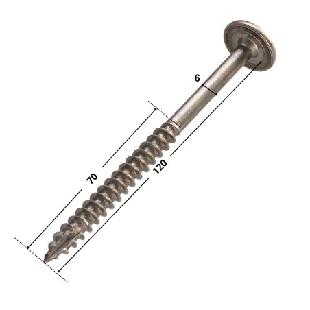 1 x Vis charpente tête disque Inox A2 6X120 Filetée sur 70 TORX T25 Diamètre de tête: 15