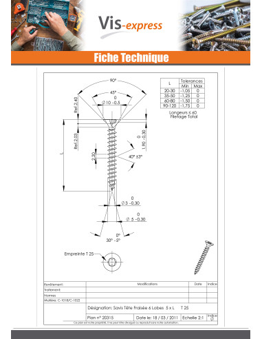 1 x VBA Vis bois agglo Tête fraisée TORX T25...
