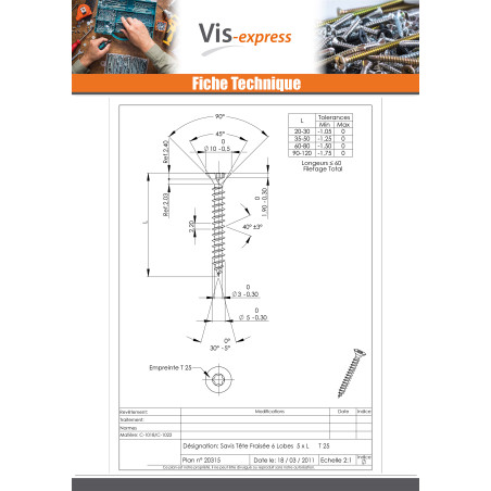1 x VBA Vis bois agglo Tête fraisée TORX T25 5X80 Filetée sur 48 Acier zingué