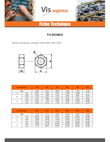 1 x Ecrou hexagonale M10 Classe 8 Bichromaté