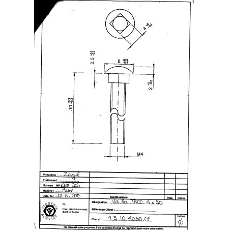 1 x TRCC JAPY tête ronde collet carré M4X30 Filetage total Carré 4X4X2.5 Acier zingué