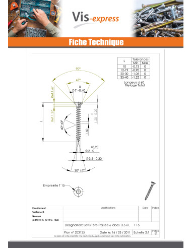 1 x VBA Vis bois agglo Tête fraisée TORX T15...