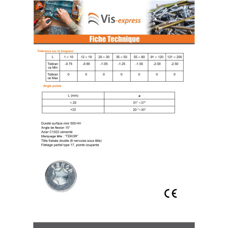 1 x VBA Vis bois agglo Tête fraisée TORX T25 4.5X60 Filetée sur 36 Acier zingué