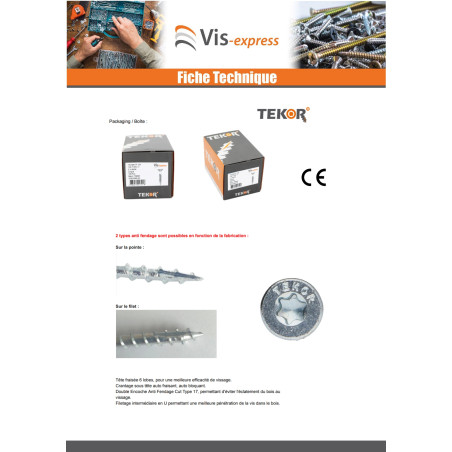 1 x VBA Vis bois agglo Tête fraisée TORX T25 4.5X60 Filetée sur 36 Acier zingué