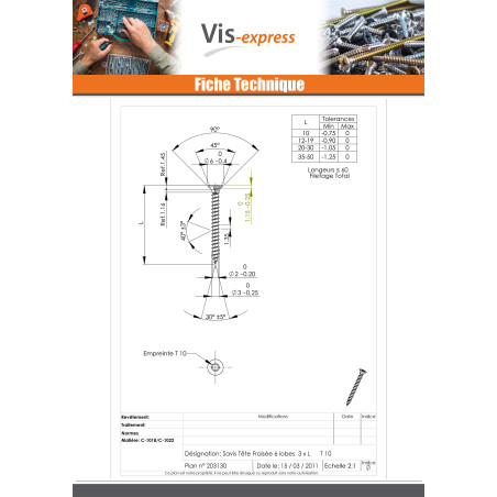1 x VBA Vis bois agglo Tête fraisée TORX T10 3X12 Acier zingué microvis