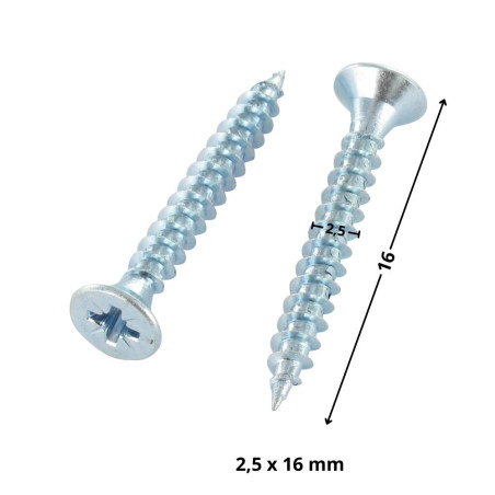 1 x VBA Vis bois agglo Tête fraisée Pozi N°1 2.5X16 Filetage total Acier zingué microvis