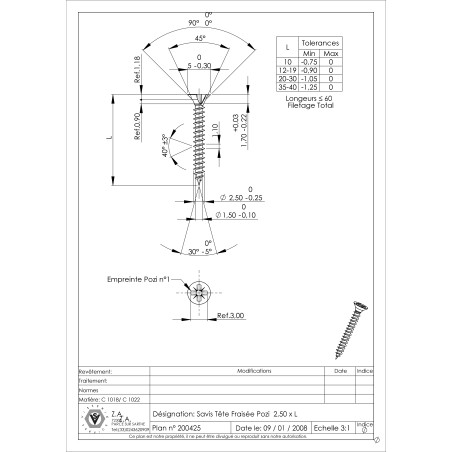 1 x VBA Vis bois agglo Tête fraisée Pozi N°1 2.5X16 Filetage total Acier zingué microvis