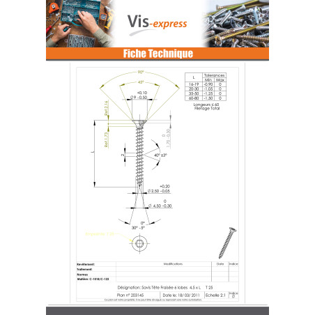 1 x VBA Vis bois agglo Tête fraisée TORX T25 4.5X50 Filetage partiel Acier zingué
