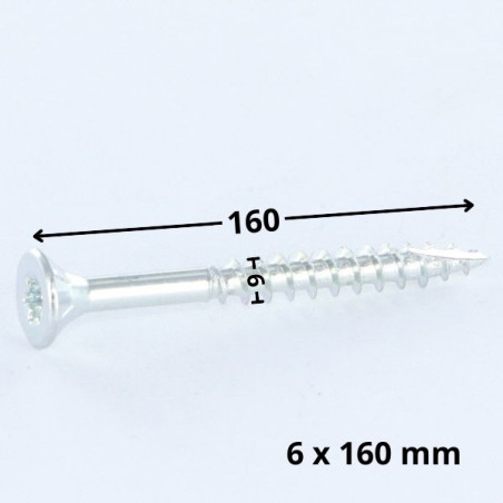 1 x Vis bois TEKOR Tête fraisée Cranté 6X160 Filetée sur 70 TORX T30 Acier zingué Pointe antifendage type 17