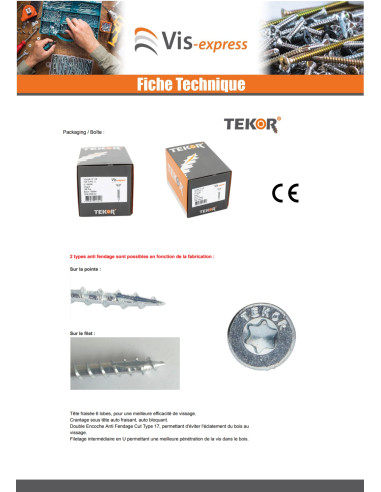 1 x Vis bois TEKOR Tête fraisée Cranté 6X160...