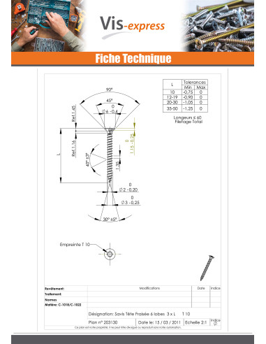 1 x VBA Vis bois agglo Tête fraisée TORX T10...