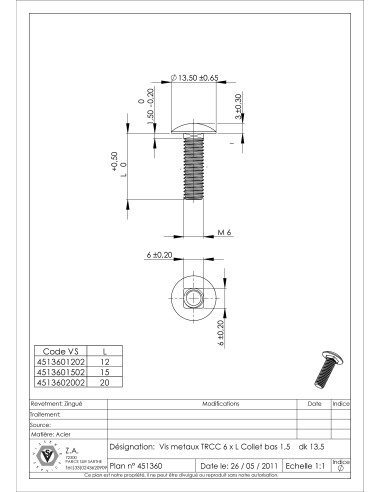 1 x TRCC JAPY tête ronde collet carré M6X20...