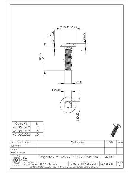 1 x TRCC JAPY tête ronde collet carré M6X20 Collet bas 1.5 Diamètre de tête: 13.5 Acier zingué