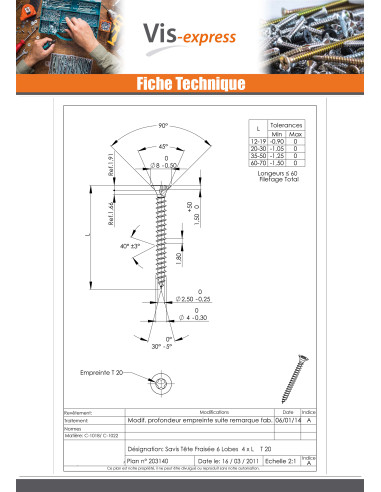 1 x VBA Vis bois agglo Tête fraisée TORX T20...