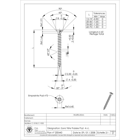 1 x VBA Vis bois agglo Tête fraisée Pozi N°2 4X15 Filetage total Acier zingué noir