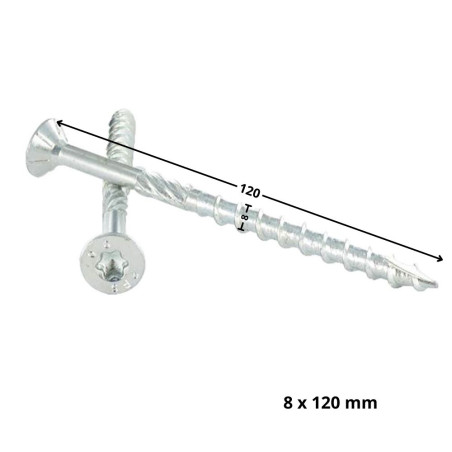 1 x Vis charpente TEKOR Tête fraisée Cranté TORX T40 8X120 Filetée sur 70 Pointe antifendage type 17 Acier zingué