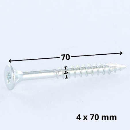 1 x Vis bois TEKOR Tête fraisée Cranté 4X70 Filetée sur 42 TORX T20 Acier zingué Pointe antifendage type 17