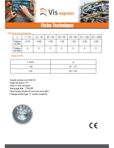 1 x Vis bois TEKOR Tête fraisée Cranté 4X70...