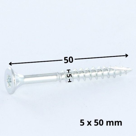 1 x Vis bois TEKOR Tête fraisée Cranté 5X50 Filetée sur 30 TORX T25 Acier zingué Pointe antifendage type 17