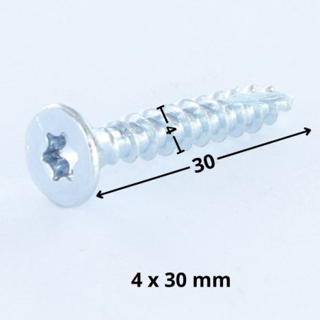 1 x Vis bois TEKOR Tête fraisée Cranté 4X30 TORX T20 Acier zingué 96 heures brouillard salin sans rouille blanche