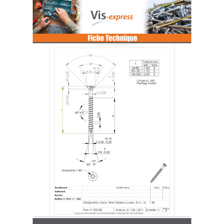 1 x VBA Vis bois agglo Tête fraisée TORX T40 8X100 Filetée sur 60 Acier zingué