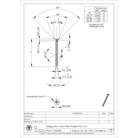 1 x VBA Vis bois agglo Tête fraisée Pozi N°1 3X20 Filetage total Acier zingué noir microvis