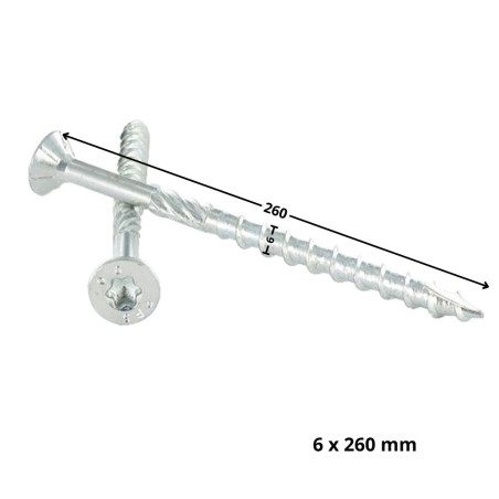 1 x Vis charpente TEKOR Tête fraisée Cranté TORX T30 6X260 Filetée sur 100 Pointe antifendage type 17 Acier zingué
