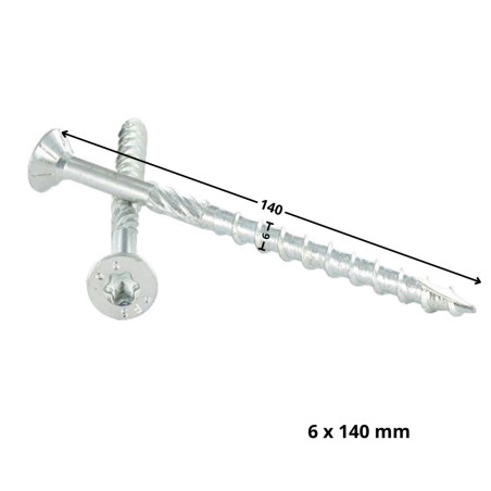 1 x Vis charpente TEKOR Tête fraisée Cranté TORX T30 6X140 Filetée sur 80 Pointe antifendage type 17 Acier zingué