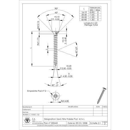 1 x VBA Vis bois agglo Tête fraisée Pozi N°2 4.5X16 Filetage total Acier zingué noir