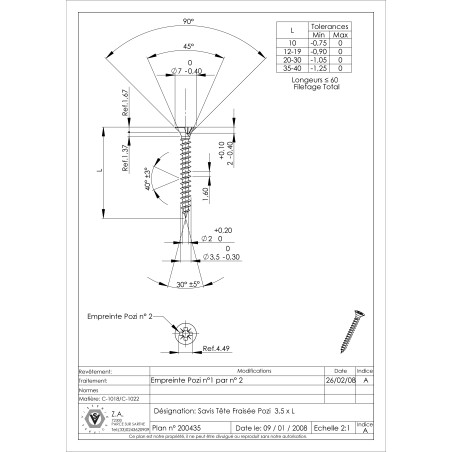 1 x VBA Vis bois agglo Tête fraisée Pozi N°2 3.5X12 Filetage total Bichromaté