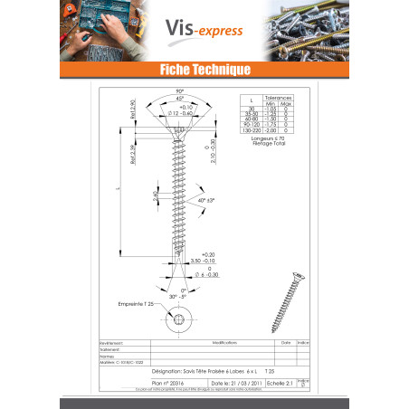 1 x VBA Vis bois agglo Tête fraisée TORX T25 6X160 Filetée sur 70 Acier zingué