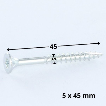 1 x Vis bois TEKOR Tête fraisée Cranté 5X45 Filetée sur 27 TORX T25 Acier zingué Pointe antifendage type 17