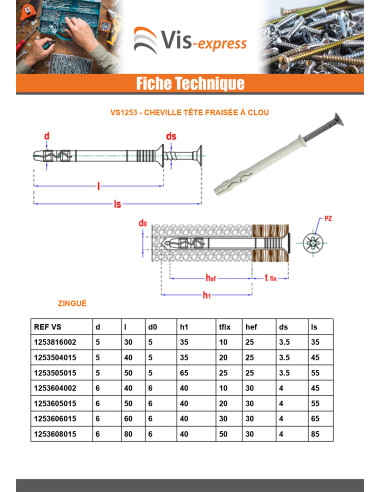 1 x Cheville Tête fraisée à clou Acier zingué 6X40