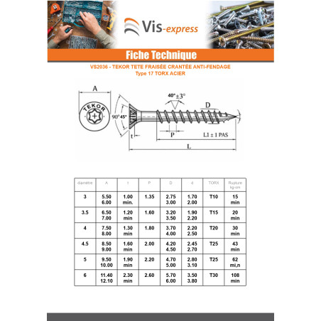 1 x VBA Vis bois agglo Tête fraisée TORX T25 5X60 Filetée sur 36 Acier zingué noir