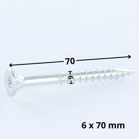 1 x Vis bois TEKOR Tête fraisée Cranté 6X70 Filetée sur 42 TORX T30 Acier zingué Pointe antifendage type 17