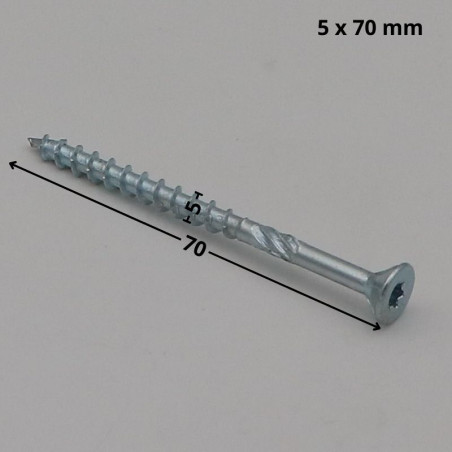 1 x Vis charpente TEKOR Tête fraisée Cranté TORX T25 5X70 Filetée sur 37 Pointe antifendage type 17 Acier zingué