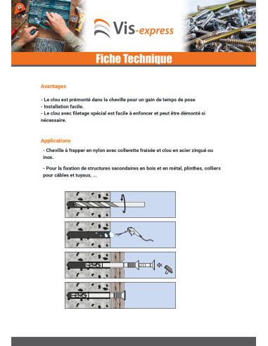 1 x Cheville Tête fraisée à clou Acier zingué 6X80
