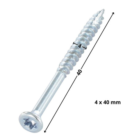 1 x Vis bois TEKOR Tête fraisée Cranté 4X40 Filetée sur 24 TORX T20 Diamètre de tête: 7 Acier zingué Pointe