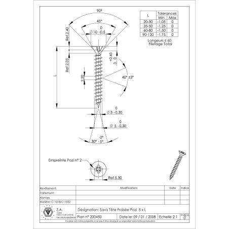 1 x VBA Vis bois agglo Tête fraisée Pozi N°2 5X55 Filetage total Acier zingué