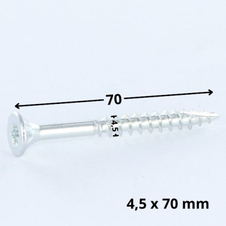 1 x Vis bois TEKOR Tête fraisée Cranté 4.5X70 Filetée sur 42 TORX T25 Acier zingué Pointe antifendage type 17