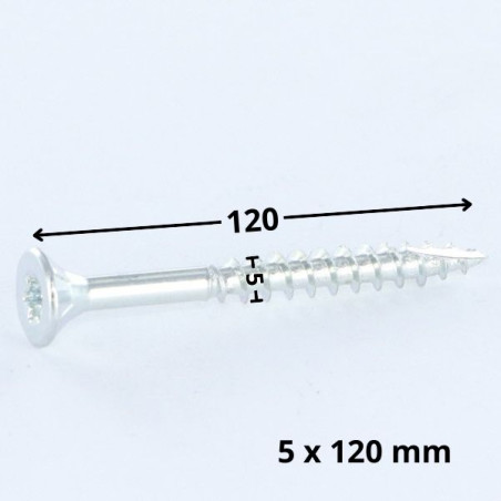 1 x Vis bois TEKOR Tête fraisée Cranté 5X120 Filetée sur 70 TORX T25 Acier zingué Pointe antifendage type 17