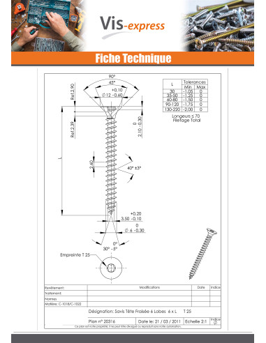 1 x VBA Vis bois agglo Tête fraisée TORX T30...